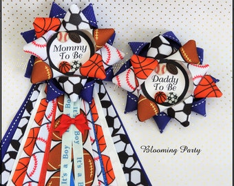 All Sports  Mommy To Be Corsage and Daddy To Be Badge Baby Shower Corsage Sports Theme Mommy Badge Corsage All Star Baby Shower Corsage