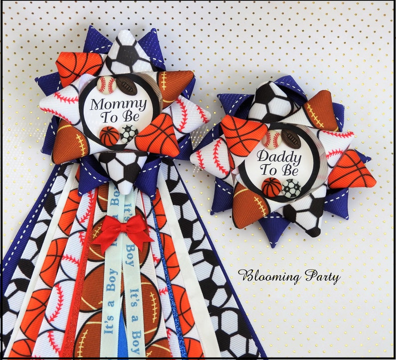 All Sports Mommy To Be Corsage and Daddy To Be Badge Baby Shower Corsage Sports Theme Mommy Badge Corsage All Star Baby Shower Corsage image 1