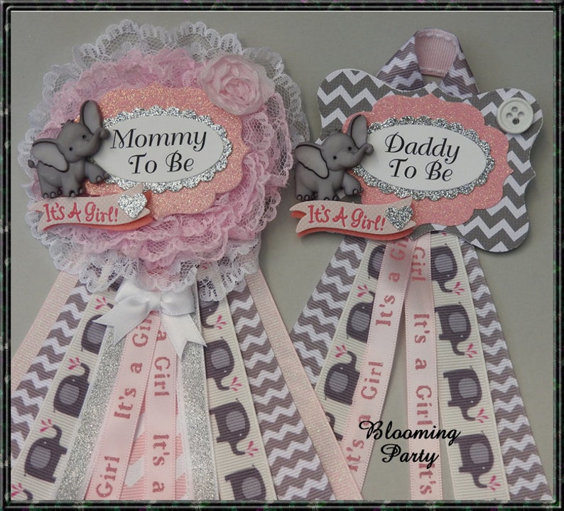 Pink Elephant Mommy To Be Corsage and Daddy To Be Corsage Elephant Baby Shower Corsage Pink and Gray Elephant Mommy To Be Corsage
