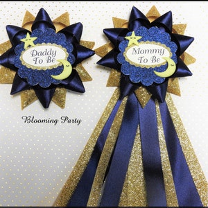 Moon and Stars Mommy To Be Corsage Moon and Star Daddy To Be Corsage Baby Shower Corsage Navy and Gold Mommy To Be Corsage Stars Baby Shower