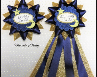 Moon and Stars Mommy To Be Corsage Moon and Star Daddy To Be Corsage Baby Shower Corsage Navy and Gold Mommy To Be Corsage Stars Baby Shower