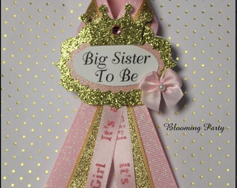 Princess Big Sister To Be Corsage Pink and Gold Big Sister To Be Corsage Pink and Gold Baby Shower Pink Baby Shower Corsage