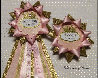 Princess Mommy To Be Corsage Princess Daddy To Be Pin Pink and Gold Mommy To Be Corsage Pink and Gold Baby Shower Pink Baby Shower Corsage