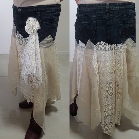 denim and lace skirt