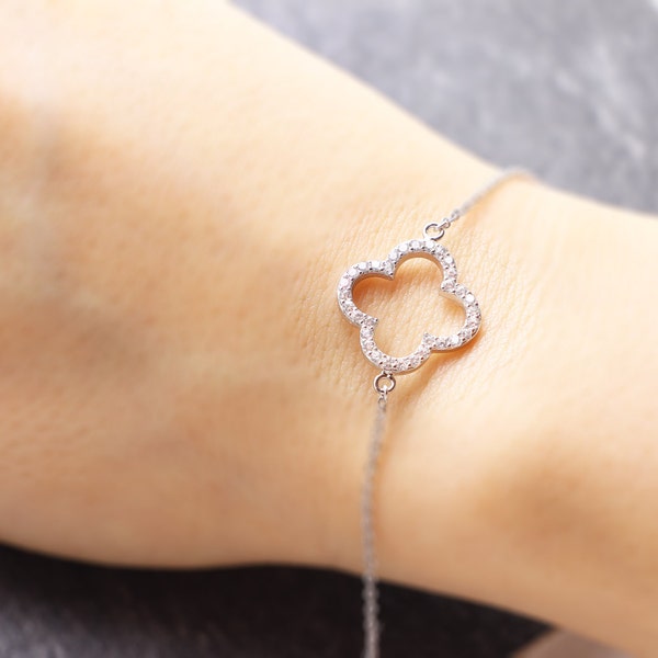 925 sterling silver four leaf lucky clover bracelet with pave cz