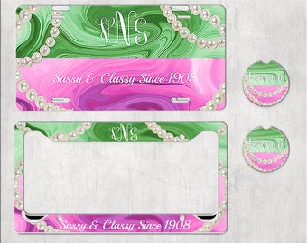 Pearls License Plate Frame, Car Coaster and License Plate