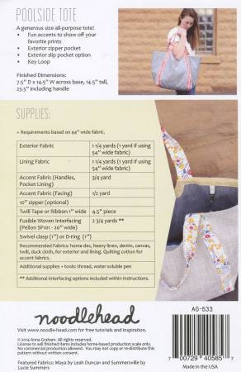 Noodlehead Bag Pattern Noodlehead Poolside Tote Paper Pattern Noodlehead Best Selling Tote Pattern Tote Paper Pattern