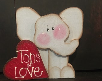 Valentine Elephant. Wood shelf sitter. Cute valentines gift or decoration.