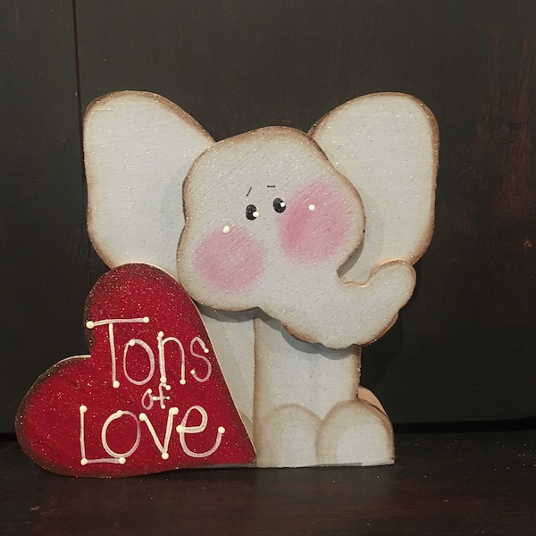 Valentine Elephant. Wood shelf sitter. Cute valentines gift or decoration.