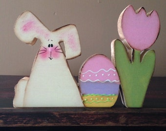 Bunny, egg, tulip trio. Can be personalized.
