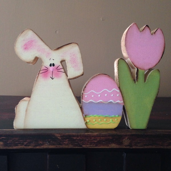 Bunny, egg, tulip trio. Can be personalized.