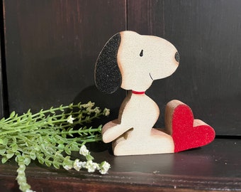 Black and white beagle with red heart. Cute valentines wood shelf sitter.