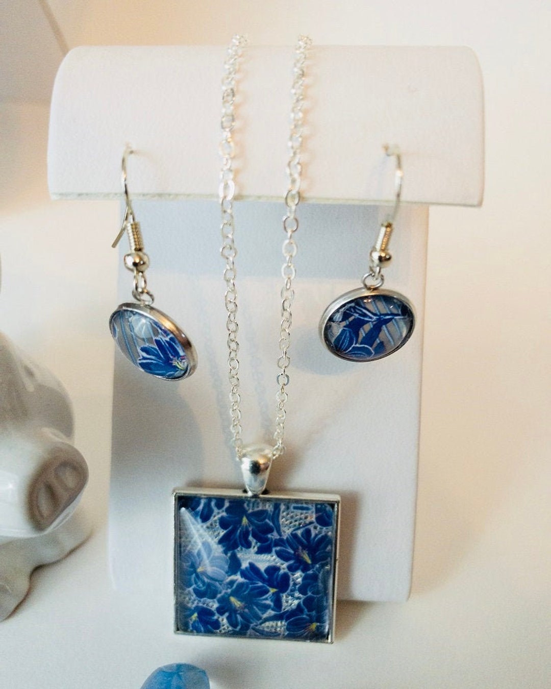 Blue Flowers Under Glass Stone Set in Silver Etsy