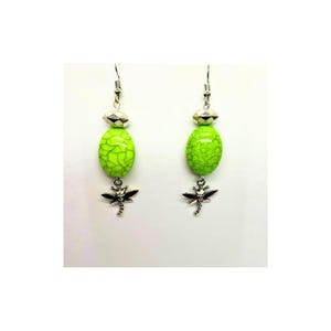 Lime Green Dangle  Earrings with Dragonfly Charm