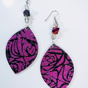 Wood Black and Fuchsia Iridescent Stenciled Rose Dangle Earrings
