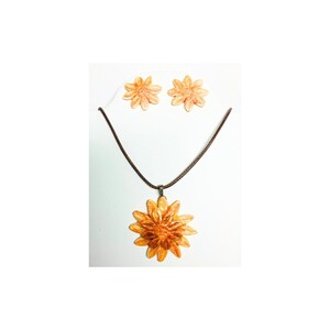 Sunflower Yellow Flower Clay Jewelry Set Handcrafted Polymer Clay Necklace & Stud Earrings Brown Rope Chain Unique Handmade Gift