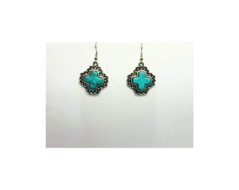 Turquoise Silver Cross Dangle Earring