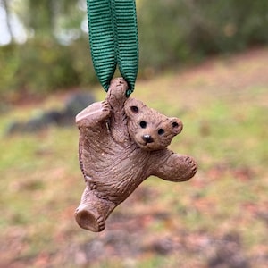 May include: A brown bear ornament with a green ribbon for hanging. The bear is sculpted with detailed fur texture and features a small, smiling face. The ornament is suspended against a blurred outdoor background.