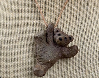 Handmade Pottery Bear Necklace – Leather Cord, Pelletier Studio