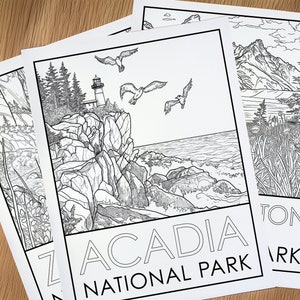 US National Parks Ausmalseiten: Acadia, Zion & Grand Teton — 3 Malseiten zum Ausdrucken