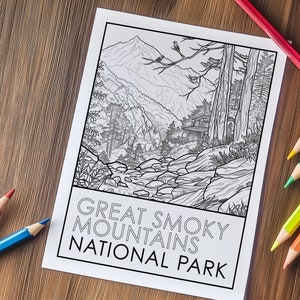 May include: Black and white coloring page featuring a detailed illustration of a mountain landscape with a cabin and the text "Great Smoky Mountains National Park".