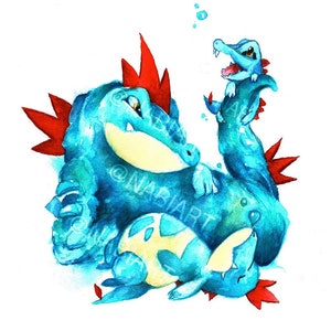 Johto Friends - Water Type - Giclee Print (Feraligatr, Croconaw & Totodile)