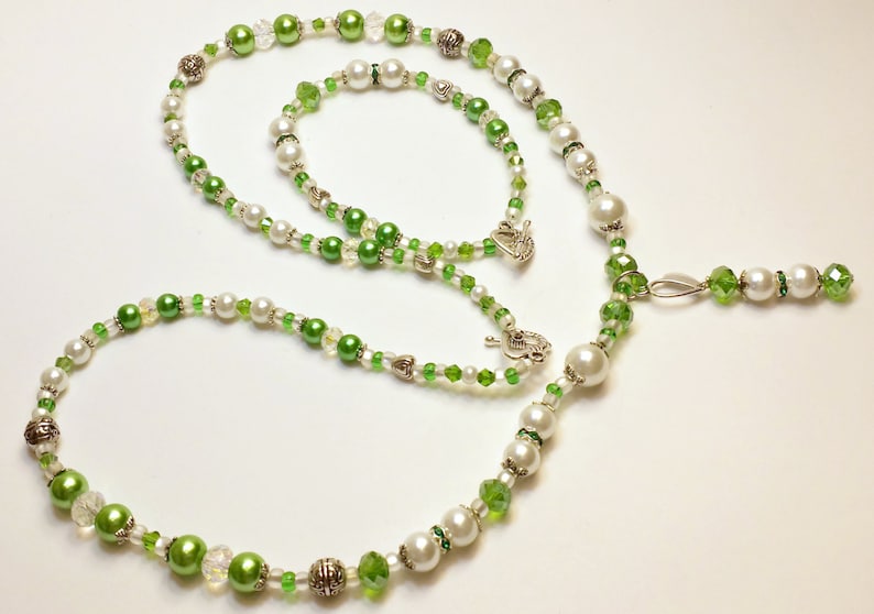 Glass Pearl and Crystal Necklace and Matching Bracelet with a Unique Handmade Pendant. Beaded Necklace