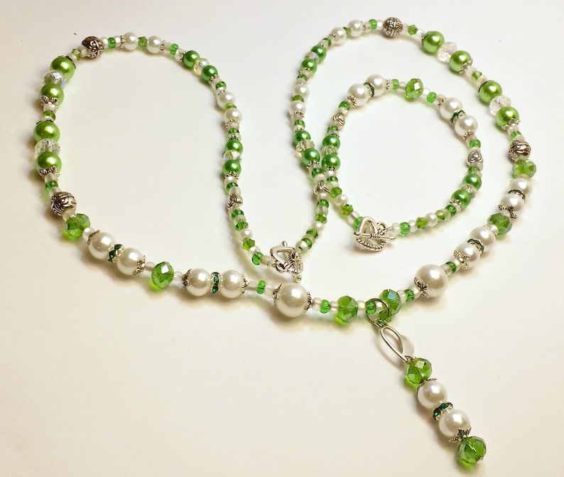 Glass Pearl and Crystal Necklace and Matching Bracelet with a Unique Handmade Pendant. Beaded Necklace