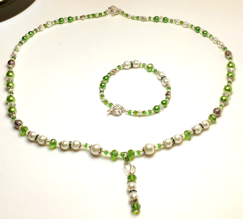 Glass Pearl and Crystal Necklace and Matching Bracelet with a Unique Handmade Pendant. Beaded Necklace