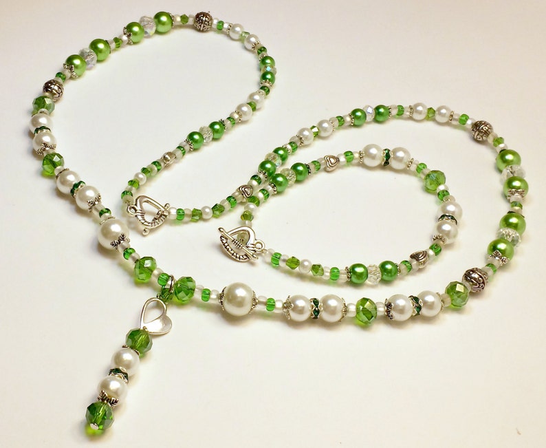 Glass Pearl and Crystal Necklace and Matching Bracelet with a Unique Handmade Pendant. Beaded Necklace