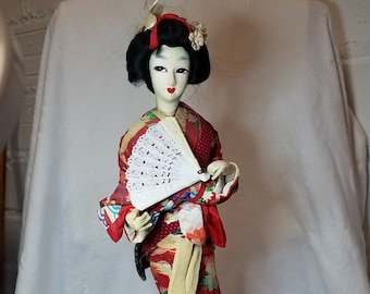 Japanese Geisha Black Kimono and Obi Sash on a Wooden Base Lucky Charm Figurine Vintage Souvenir Doll from Japan