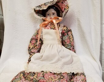 Vintage Porcelain Doll: Floral Dress, Bonnet & Bloomers, 21 Inch