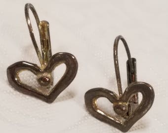 Vintage silver heart pierced earrings with hinged ear wire, made in Korea, silver heart earrings, silver pierced earrings