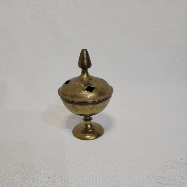 Vintage tiny brass incense burner bowl with lid and pedestal base