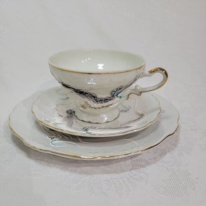 Vintage 3 piece moriage white luster dragonware cup, saucer and plate