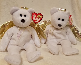 Vintage Halo II white bear beanie baby with gold angel wings