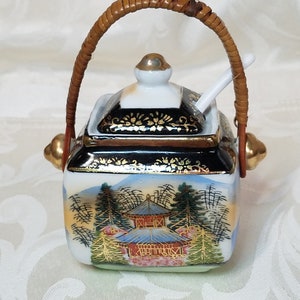 Vintage lidded Japanese jam pot with a bamboo handle