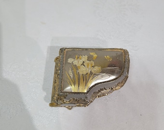 Vintage Chokin gold tone grand piano music box with flowers and butterflies on the lid