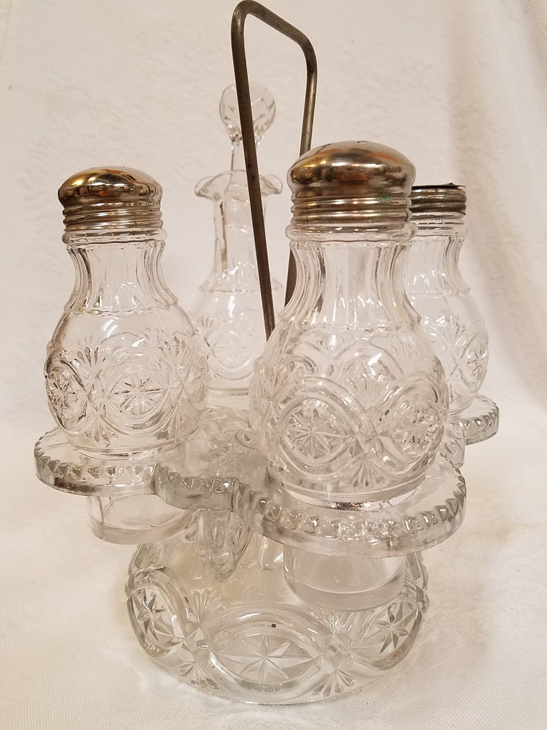 Vintage 5 piece glass cruet set with silver lids and a glass Etsy