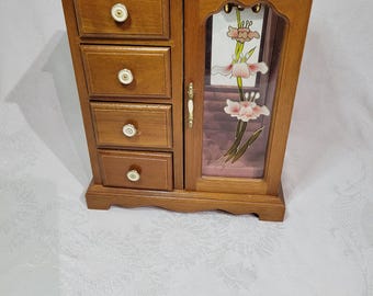 Vintage multi-compartment wooden musical jewelry storage box with  flower etched glass door
