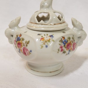 Vintage white porcelain incense burner with foo dog handles, made in Japan