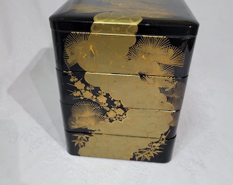 Vintage Asian Wedding Boxes, Stackable Food Carriers, Black Lacquer Gold Design