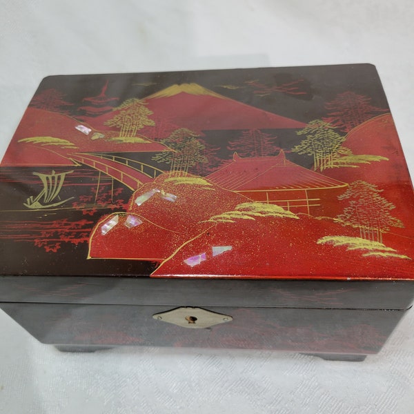 Vintage Japanese black lacquer musical jewelry box