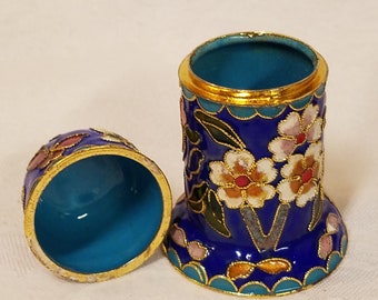 Vintage Chinese brass and enamel floral cloissone vase/spice jar with lid in a padded red lined box