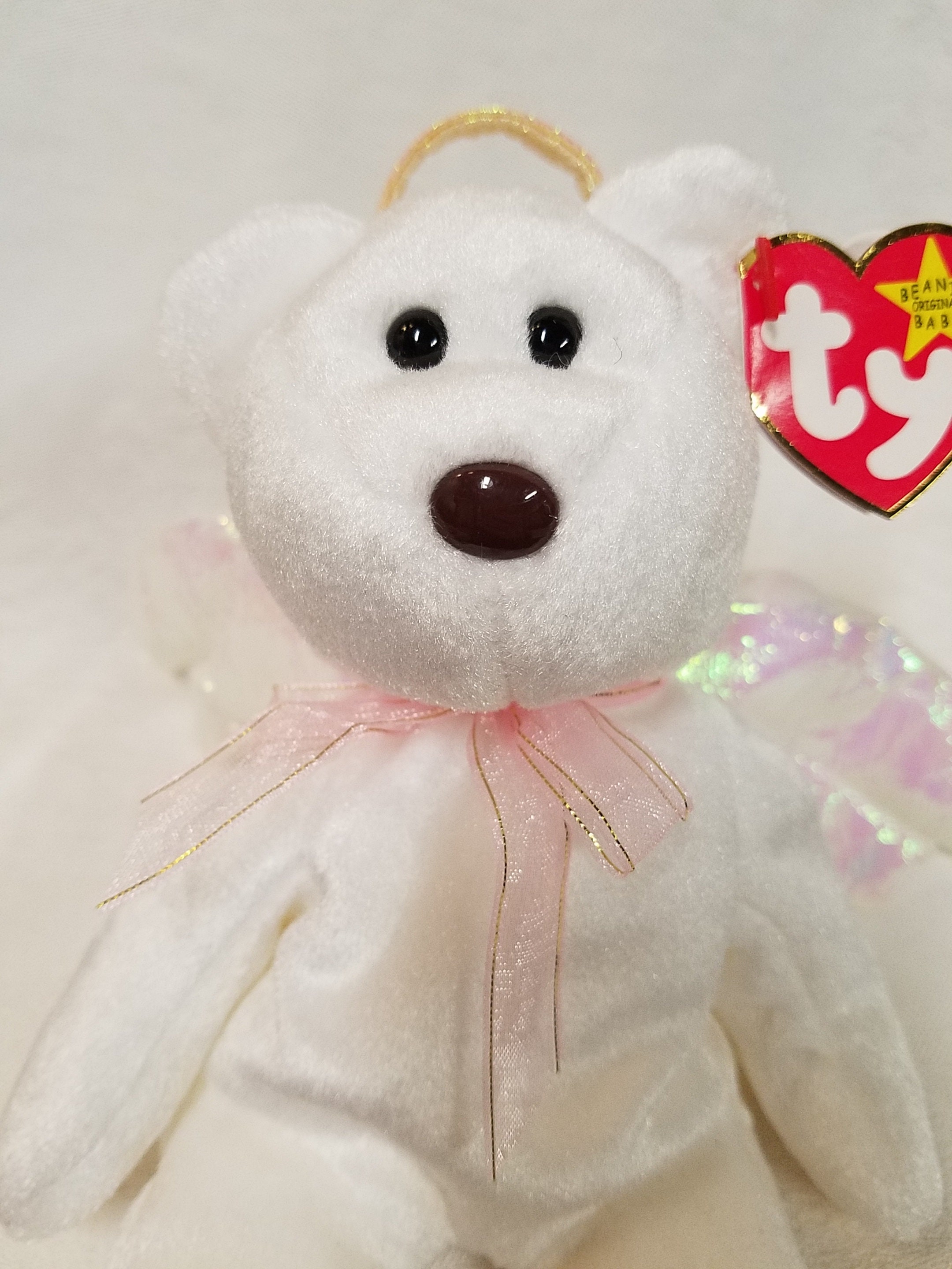 Vintage Halo Ty White Angel Bear Beanie Baby With Iridescent Wings