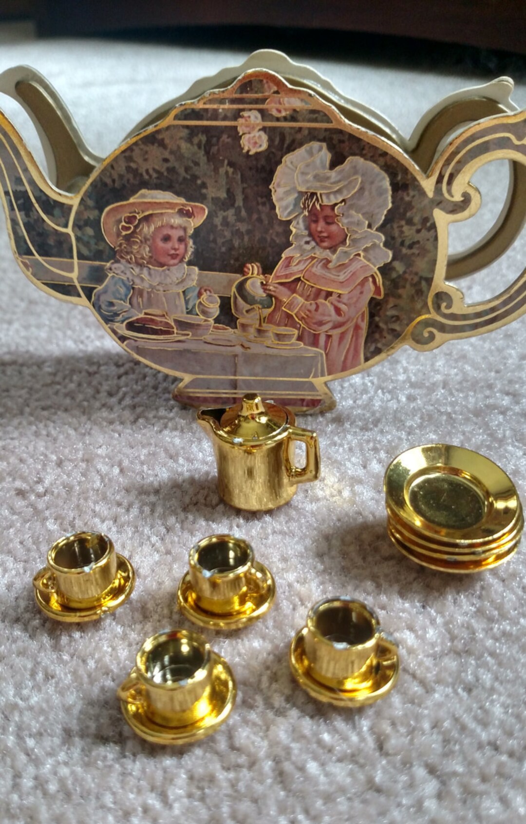 Vintage Shackman Miniature Gold Tea Set With a Teapot Carrying Etsy