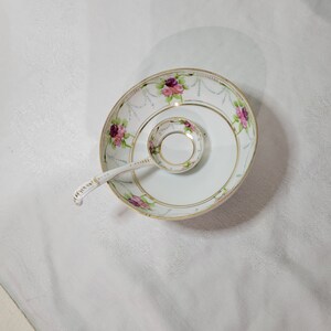 Vintage hand painted porcelain three footed cloissone mayonnaise bowl and spoon, made in Japan