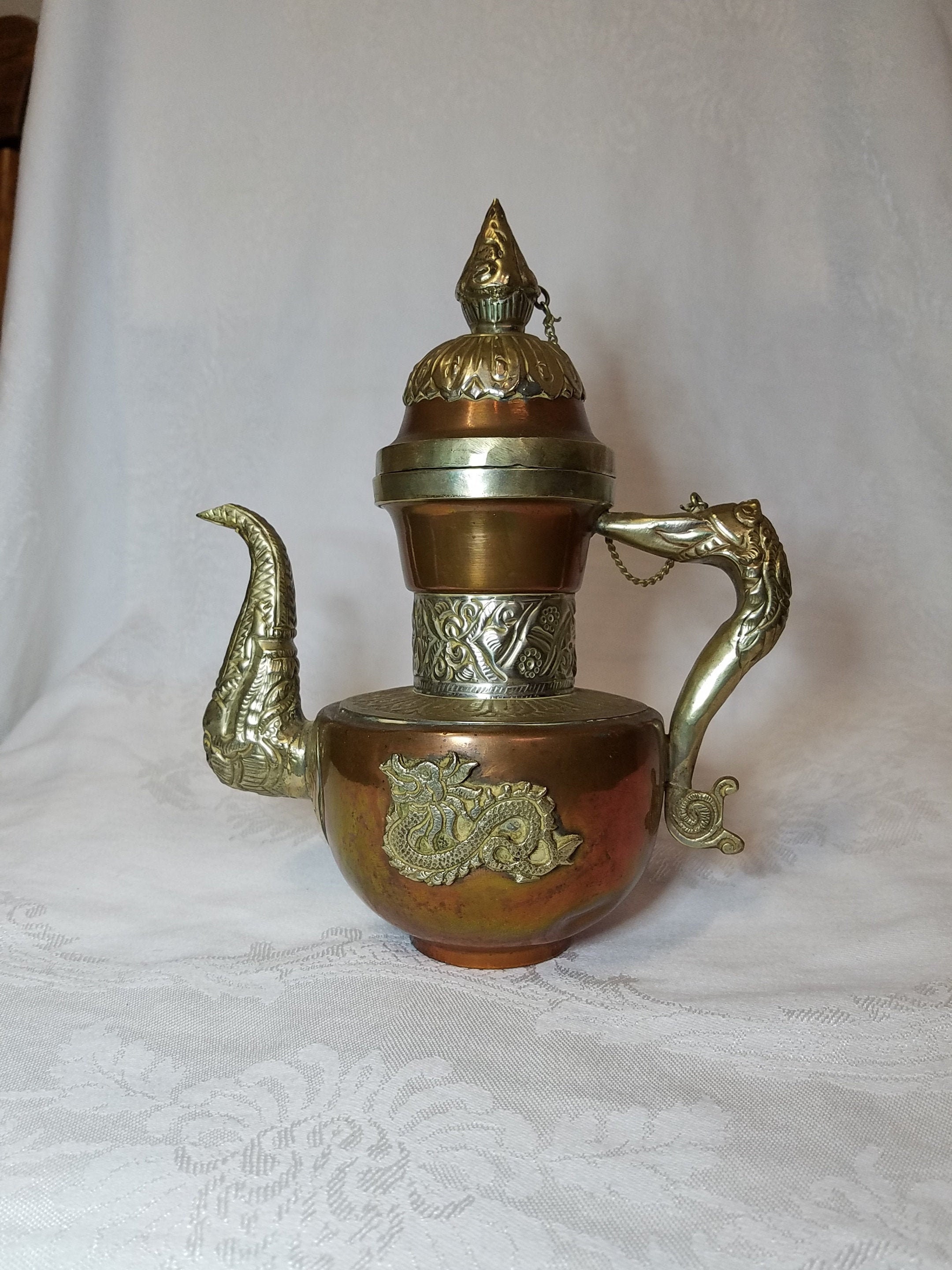 Vintage Silver & Copper Tibetan Tea Pot Dragon Pattern Filigree
