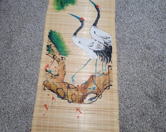 Vintage cranes in a tree Asian bamboo scroll wall decor