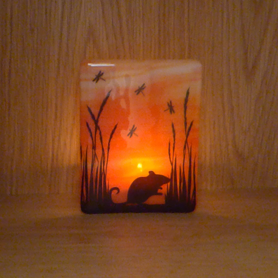 Fused Glass Candleholder, Field Mouse, Tealight Holder, Handmade Gift